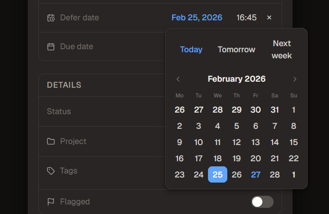SingleFocus defer date picker showing calendar with Today, Tomorrow, and Next week shortcuts