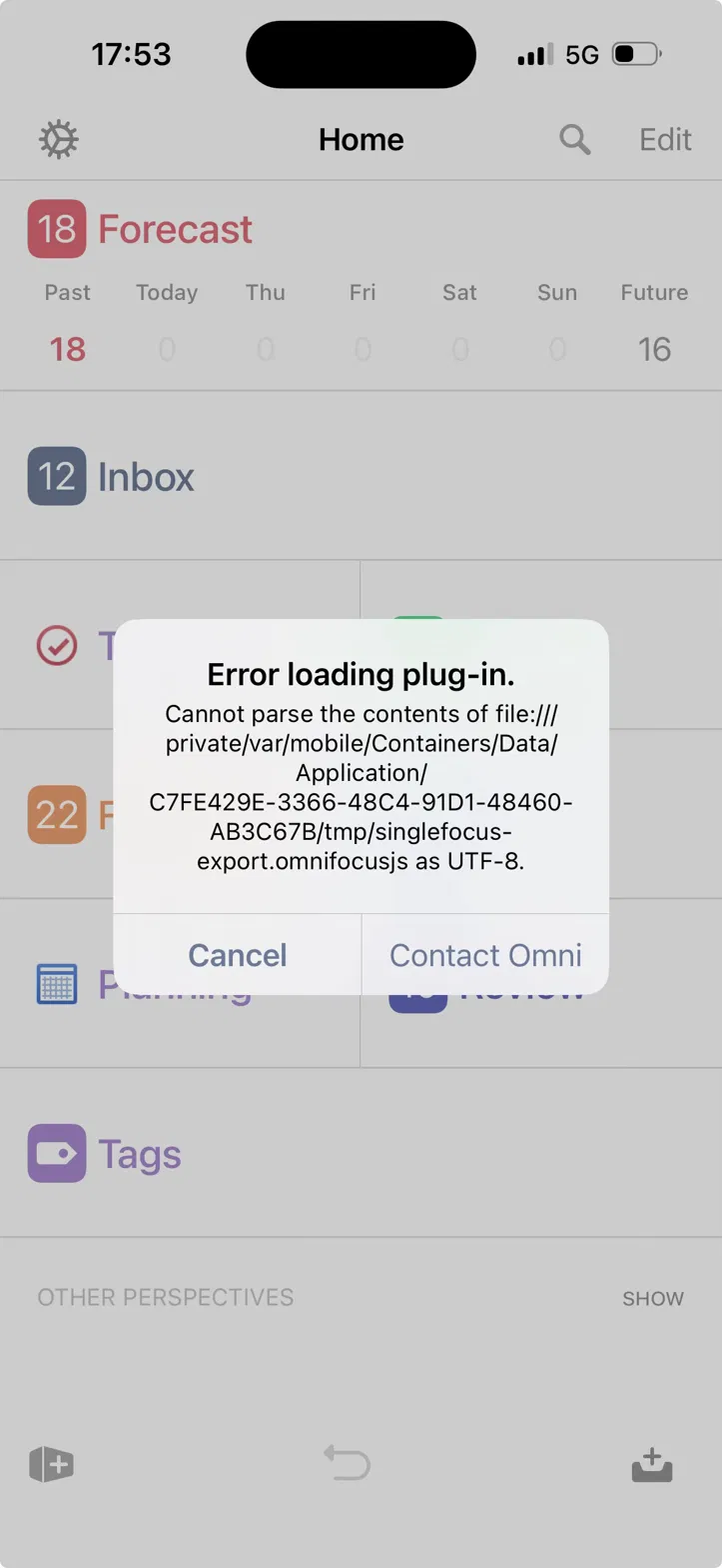 OmniFocus on iPhone showing an 'Error loading plug-in. Cannot parse the contents of file as UTF-8' dialog.