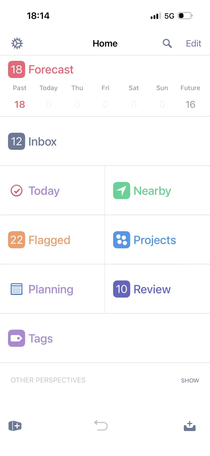 OmniFocus 3 Home screen on iPhone, showing Forecast, Inbox, Today, Nearby, Flagged, Projects, Planning, Review and Tags tiles — with no Automation button visible.