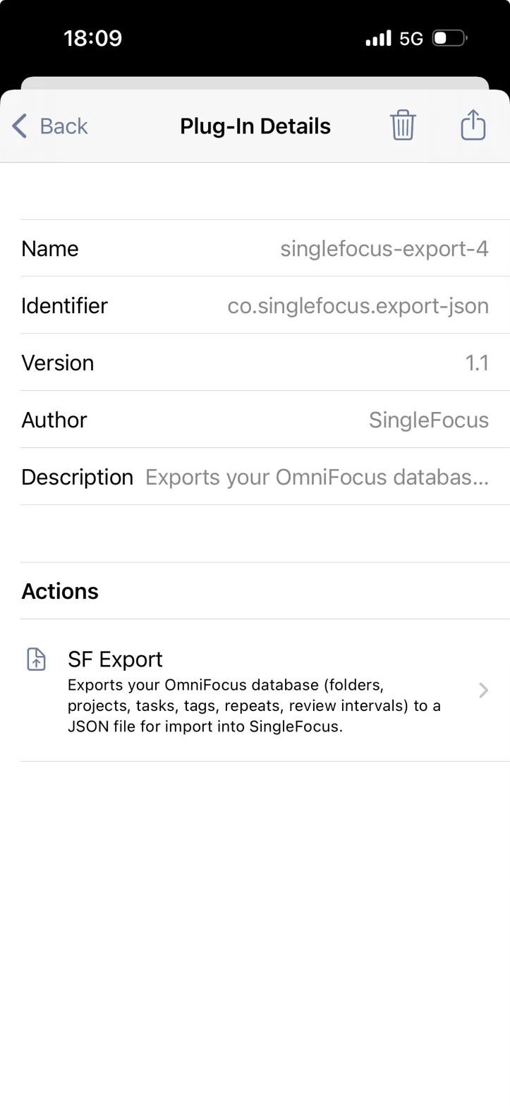 OmniFocus Plug-In Details screen showing the SingleFocus export plug-in: name, identifier co.singlefocus.export-json, version 1.1, author SingleFocus, and an 'SF Export' action.