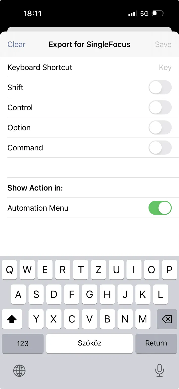 OmniFocus plug-in action settings sheet titled 'Export for SingleFocus', showing keyboard shortcut modifier toggles and a 'Show Action in: Automation Menu' switch turned on.