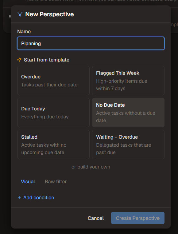 New Perspective builder with visual filter conditions, generated filter syntax, and live preview