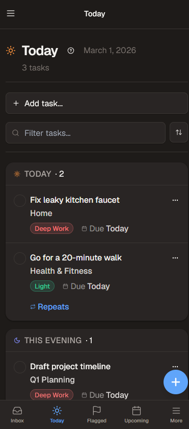 SingleFocus Today view on mobile showing tasks grouped by time with energy tags and repeating tasks